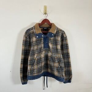 Stoic Plaid Fleece Pullover Snap Buttons Drawstring Waist Blue Brown Sm Gorpcore